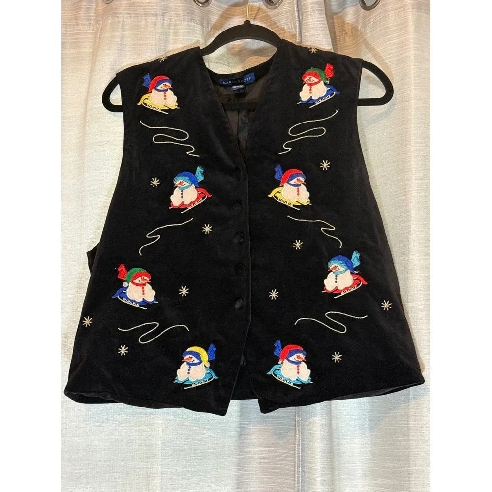 Karen Scott Christmas EMBROIDERED Black Velvet Holiday Snowmen Vest Sz L NWOT